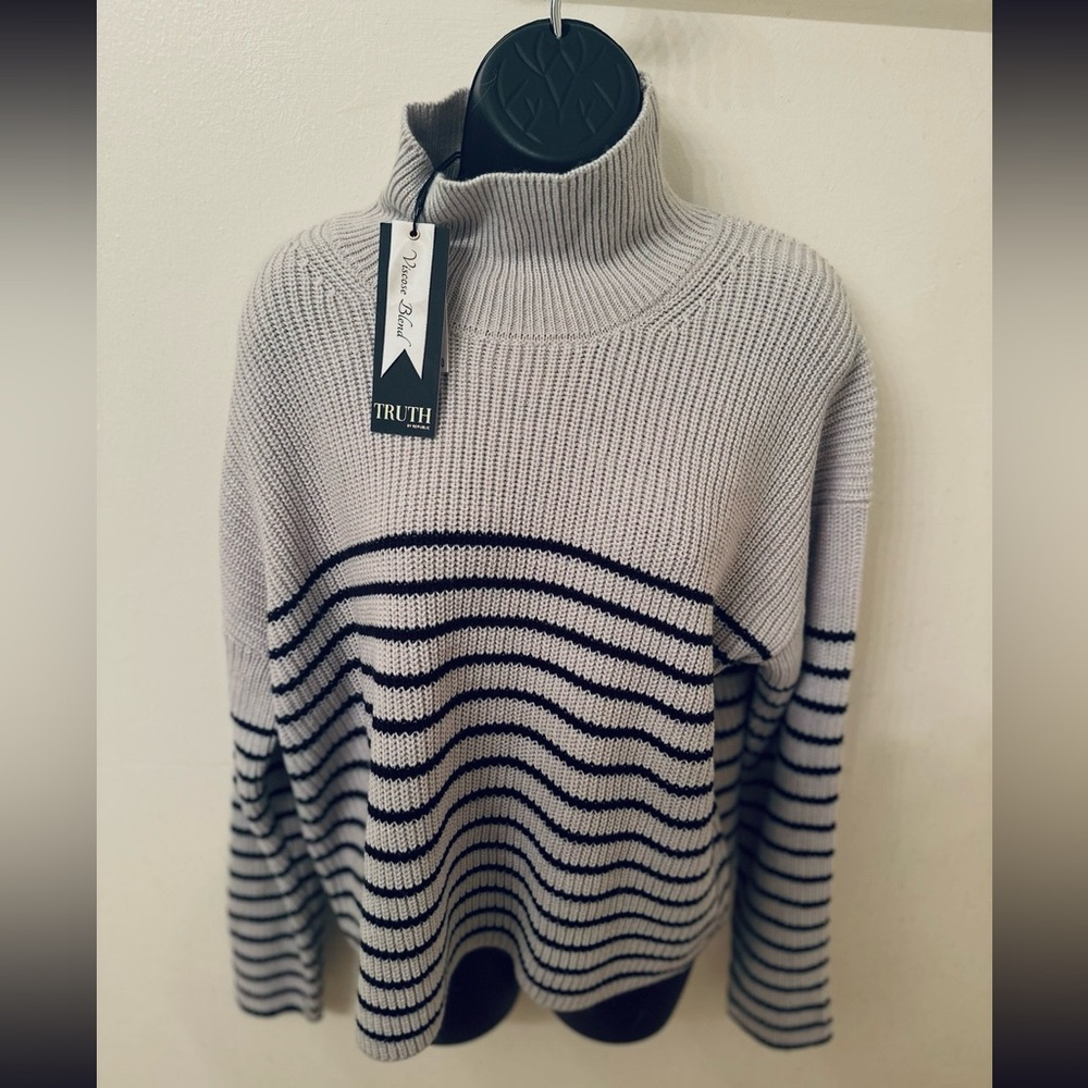 Truth Women's Cowl Neck Sweater in Gray and Black Stripes